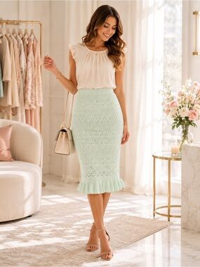 LC Lauren Conrad Mint Green Lace Midi Skirt Fitted Peplum Hem NWT S